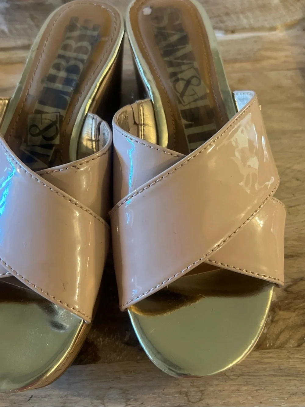 Sam & Libby Blush Patent Cross-Band Wedge Sandals